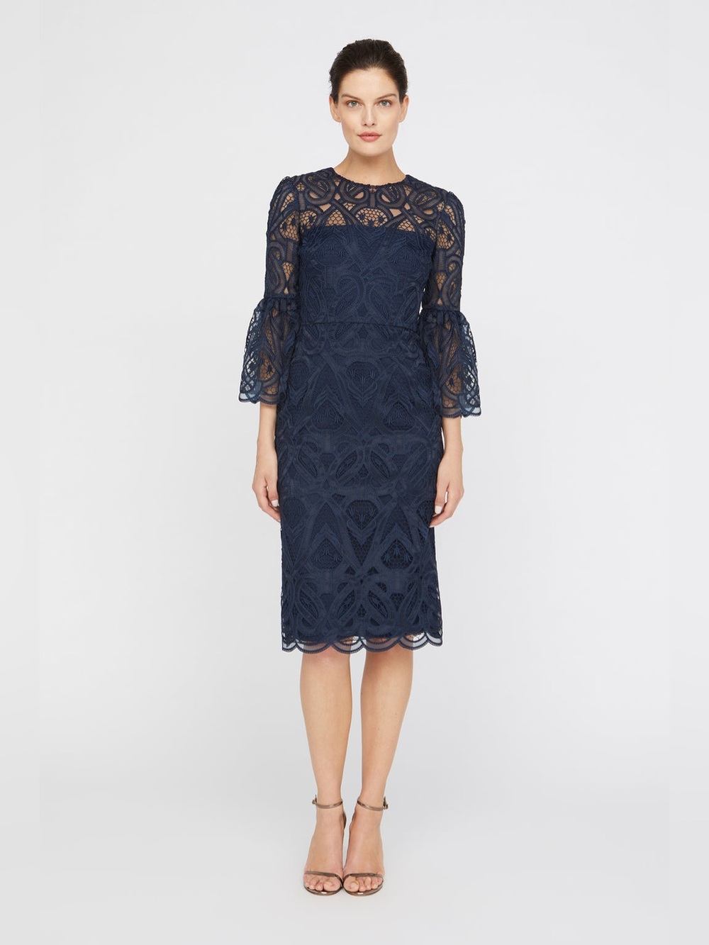 Theia Jen Navy Lace Midi Dress with Bell Sleeves